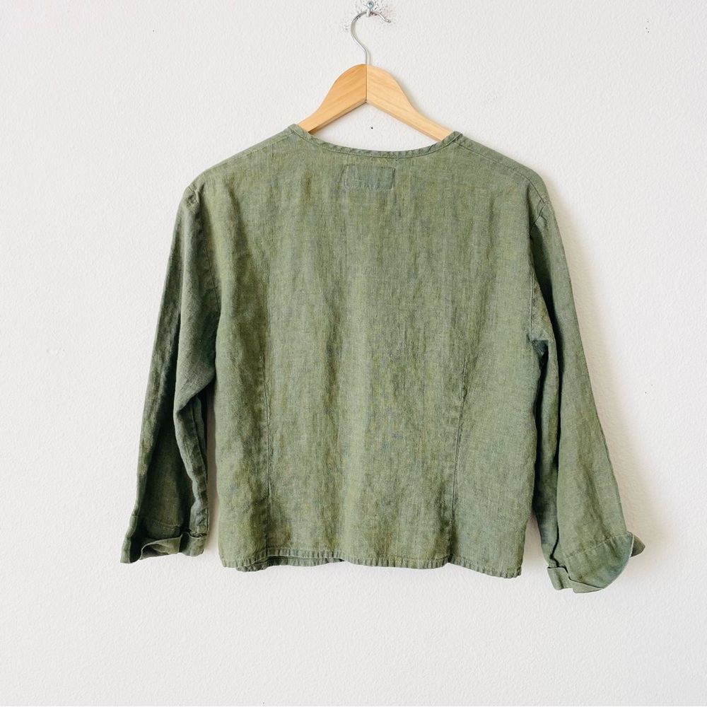 Flax SMALL 100% linen green button up 3/4 sleeve blouse - Picture 4 of 5